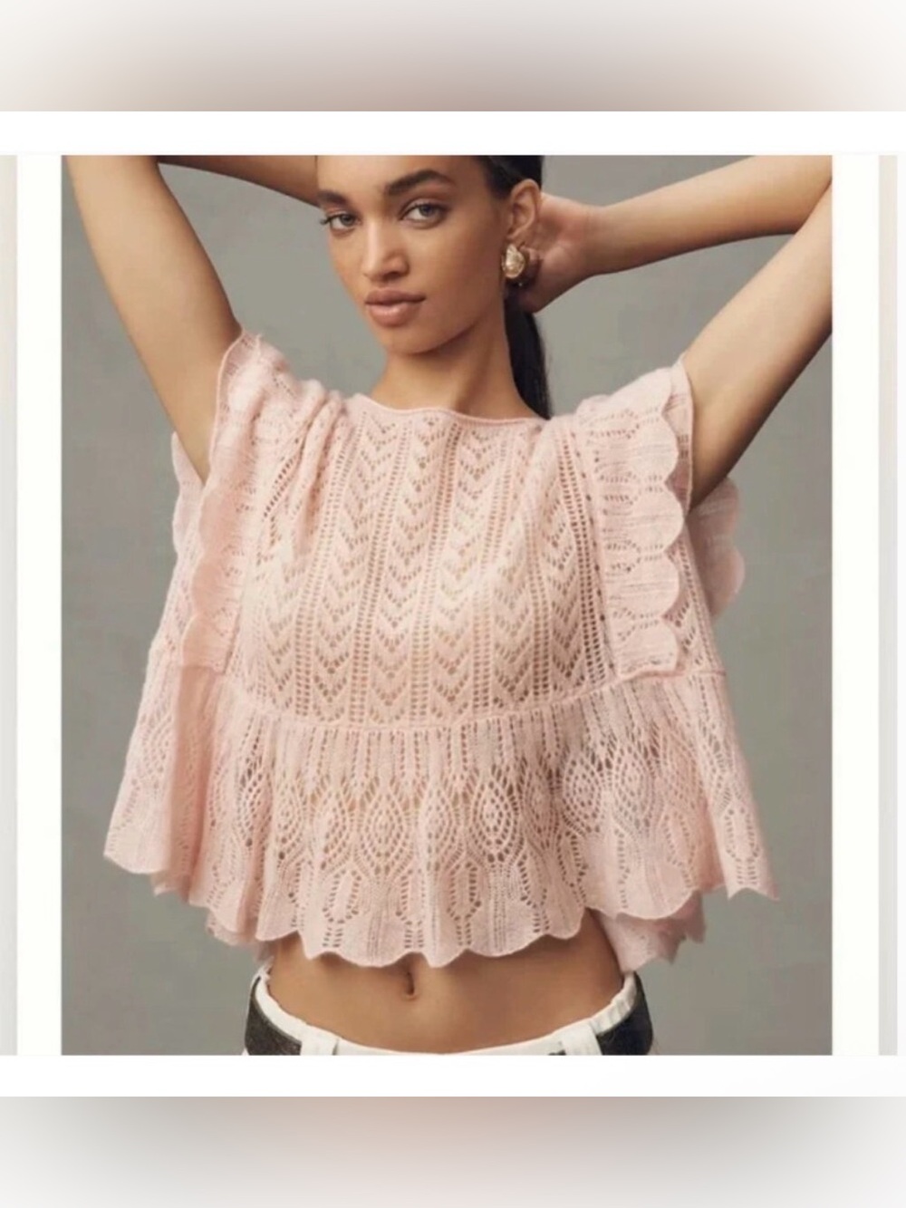 NWOT - Anthropologie Flutter Sleeve Pointelle Cashmere Sweater Tee - Sz L